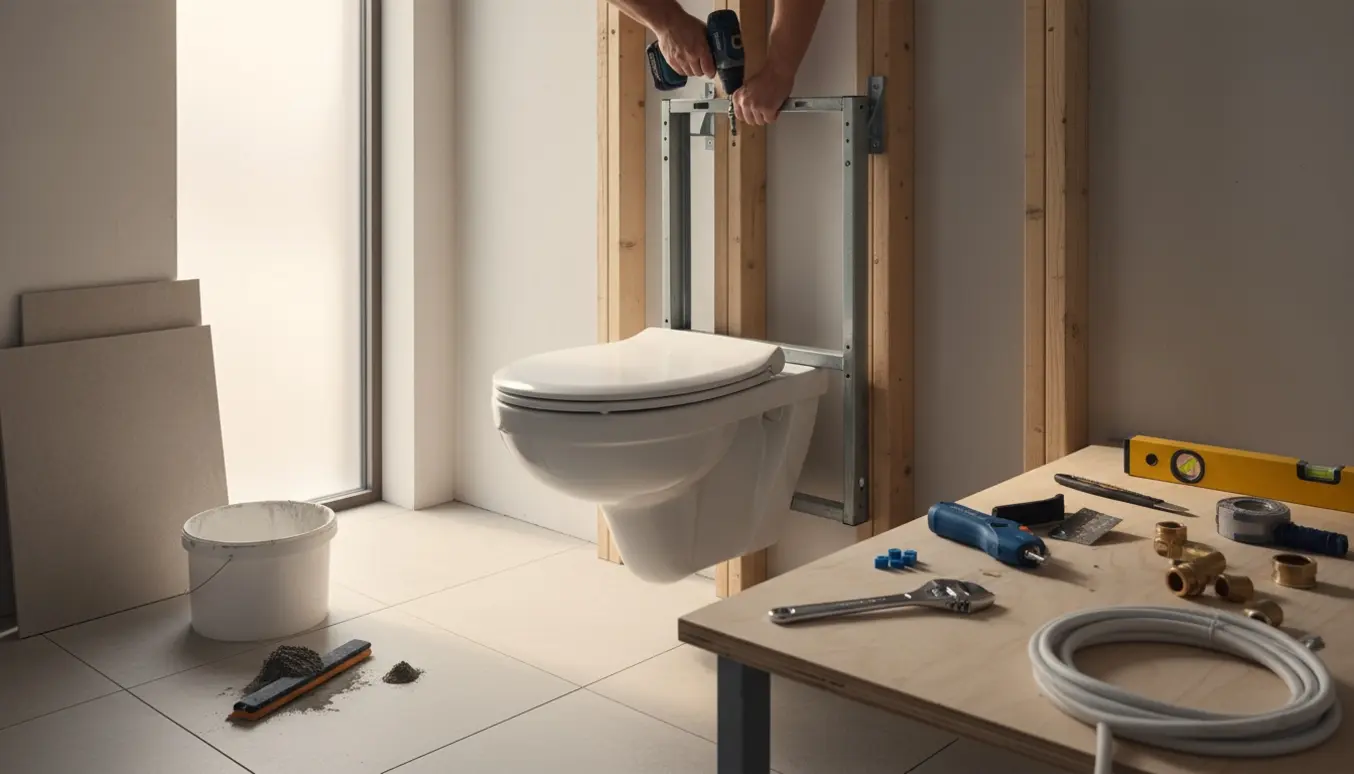 Vægmonteret toilet under opsætning med indbygningscisterne og værktøj i et badeværelse.