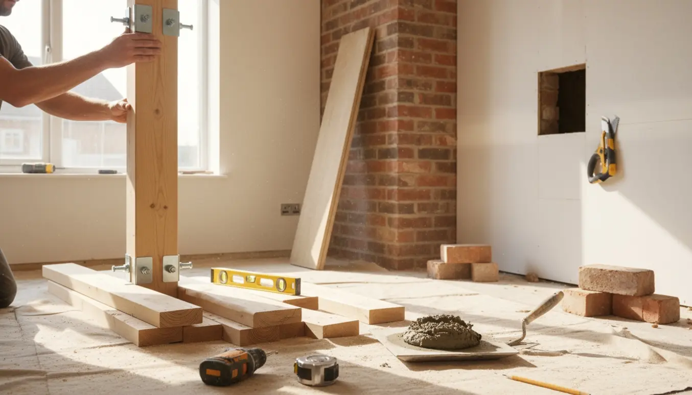 Indendørs byggeplads med tømrer- og murerarbejde efter fjernet bærende væg og skorsten, nyt 145x45 trækonstruktion og hul i gipsvæg.