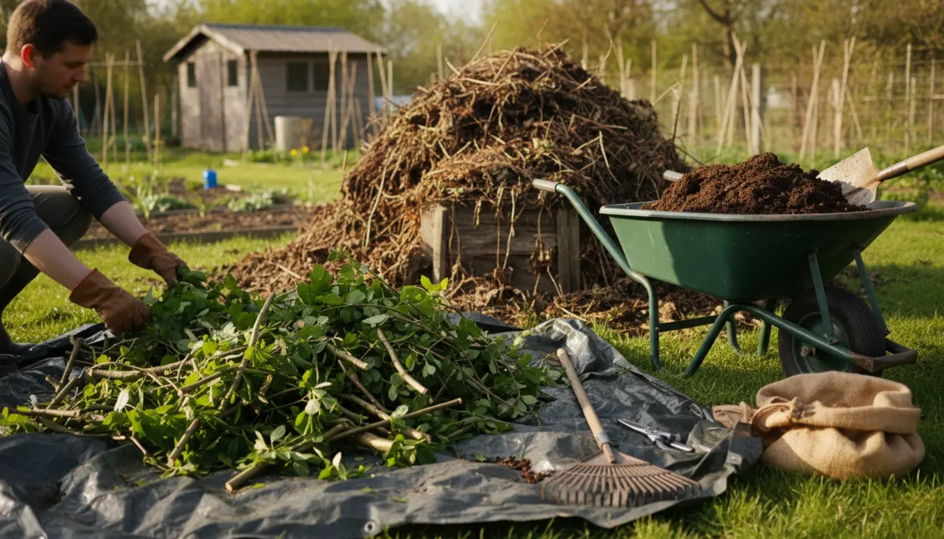 Baghave med en bunke grene, en kompostbunke i baggrunden og en trillebør fyldt med jord.