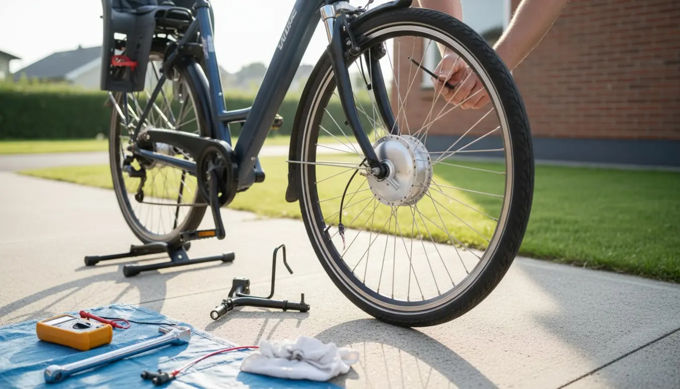 En Winther-lignende elcykel på reparationsstander med forhjulets navmotor og løse monteringsdele, mens hænder tester hjulet.