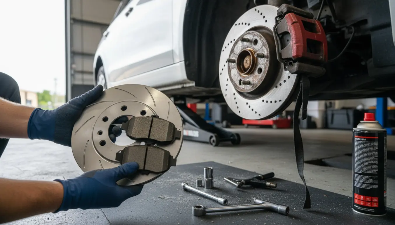 Nærbillede af udskiftning af forreste bremser med ny bremse skive og klodser og værktøj.