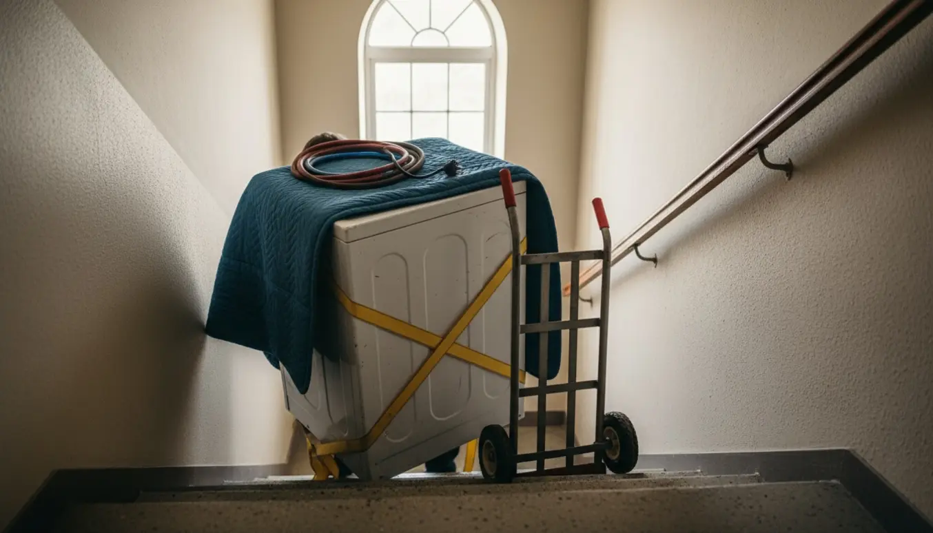 To personer bærer en afkoblet, ridset vaskemaskine ned ad en smal trappe med slanger og ledning lagt ovenpå.