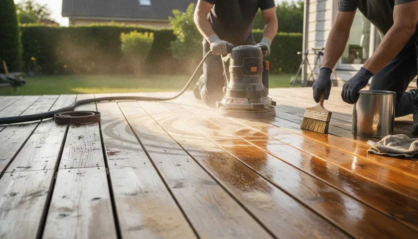 Træterrasse, hvor en slibemaskine fjerner grå overflade og olie påføres på de nyreparerede brædder.