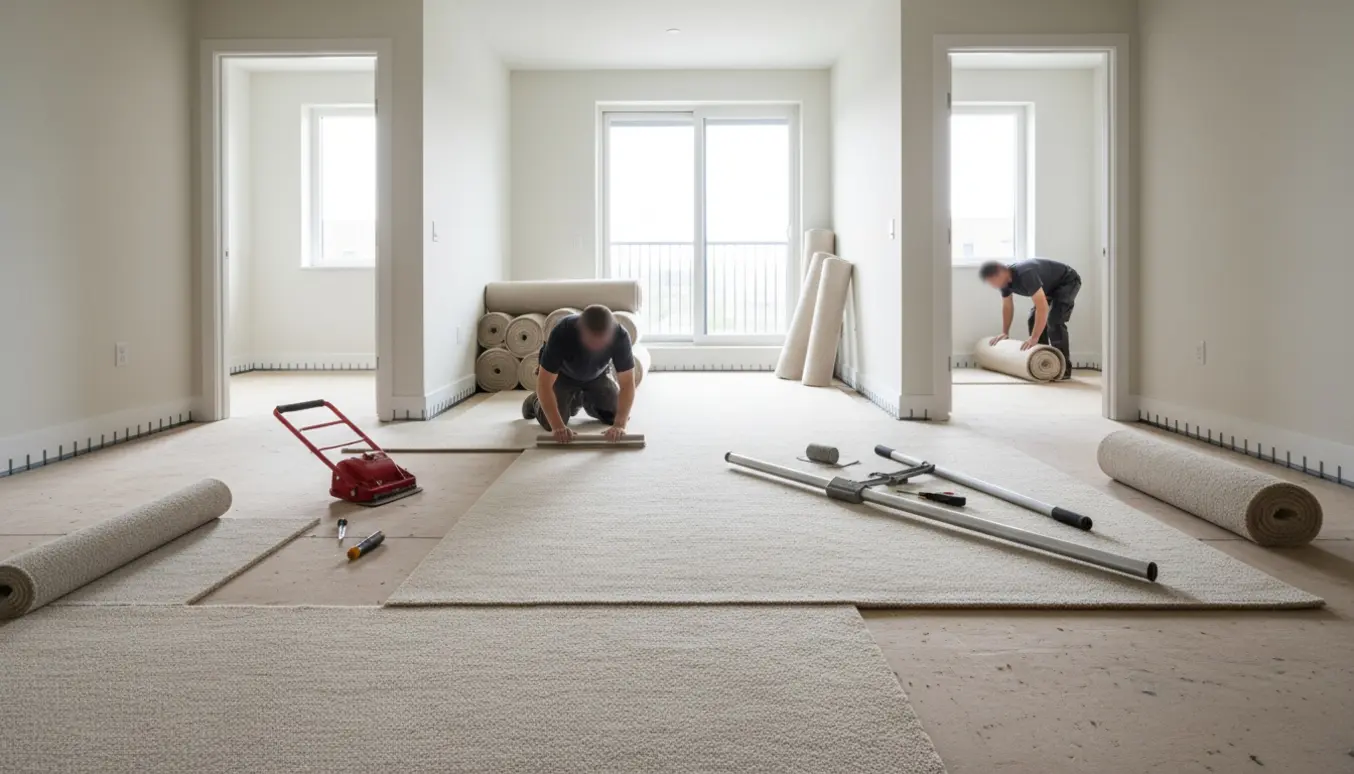 Tom lejlighed med væg-til-væg-tæpper under montering, tæpperuller og værktøj synlige, montørers ansigter er ikke synlige.