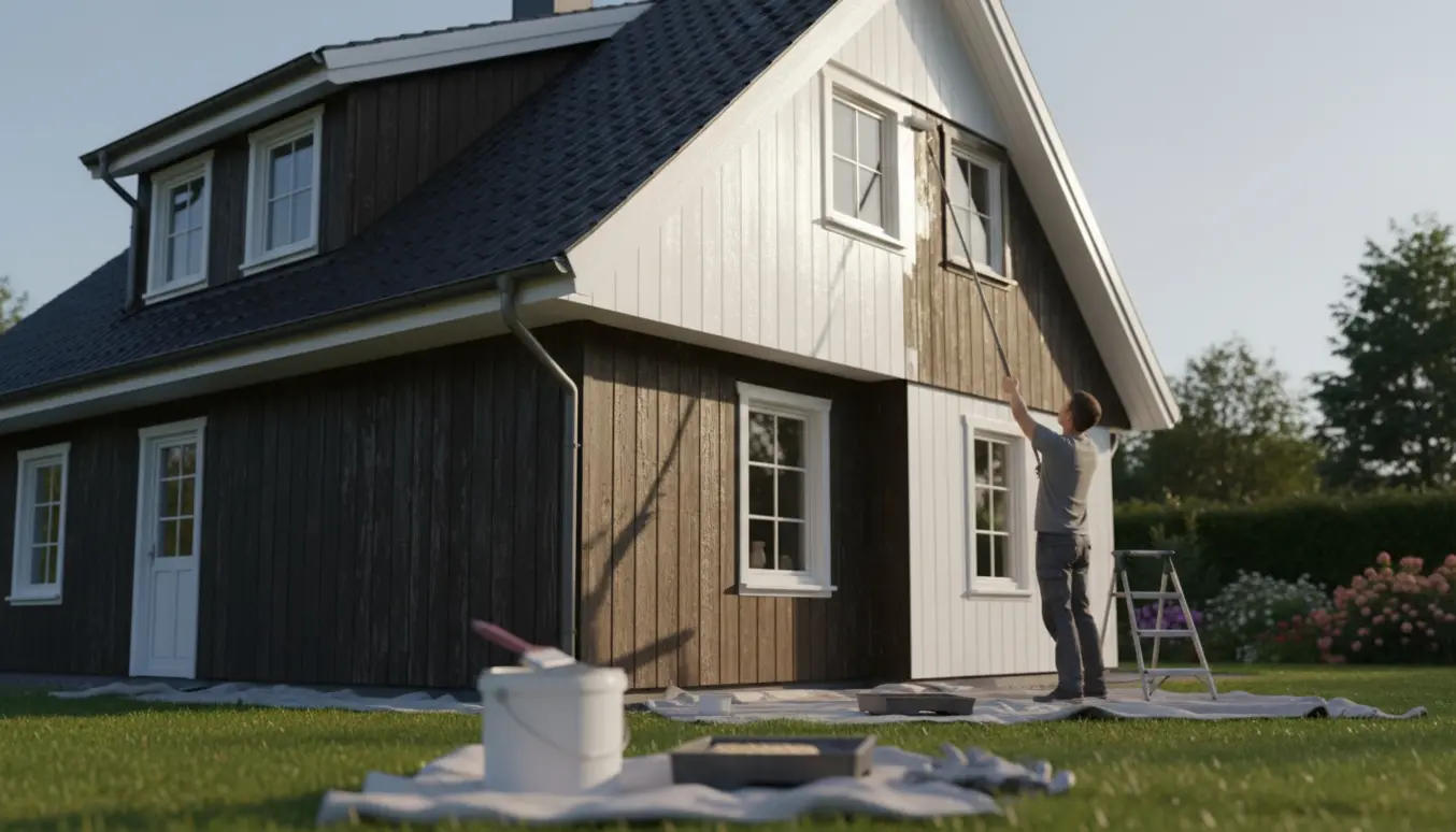 Person maler vindskeder og underbrædder højt oppe på et hus med en lang teleskoprulle fra jorden.