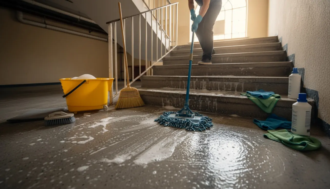 Person vasker opgangstrin med moppe og spand i en opgang fra kælder til 2. sal.