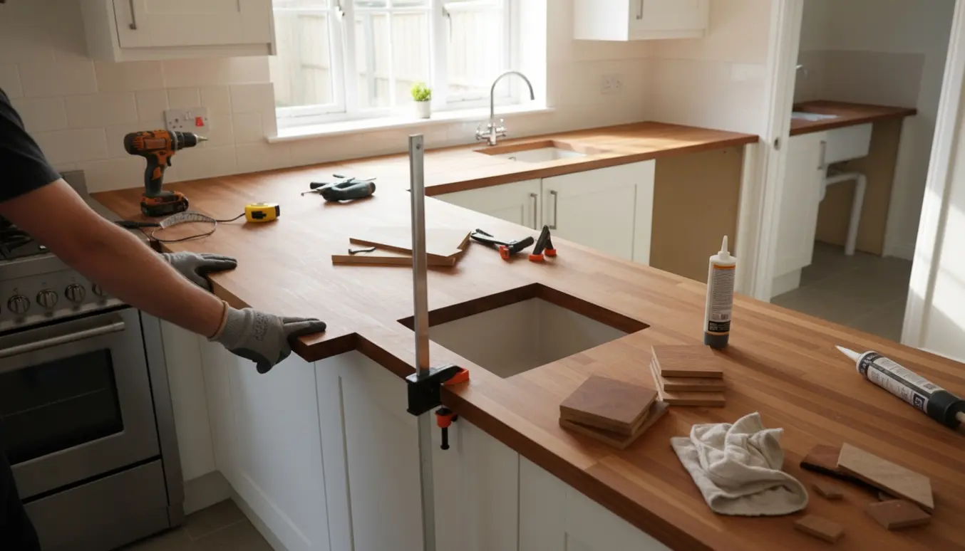 Montør tilpasser og monterer en ny massiv kirsebær-bordplade i køkken og bryggers med vask og værktøj omkring sig.