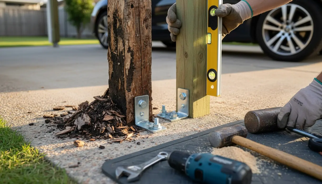 To stolper i en carport, den ene rådden ved bunden og den anden ny og ved at blive monteret i en flyttet stolpesko.