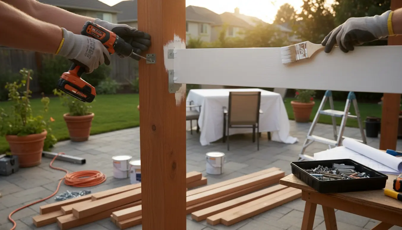 Halvfærdig træpergola i en solrig have med værktøj, malerbøtter og arbejdshænder i fokus.