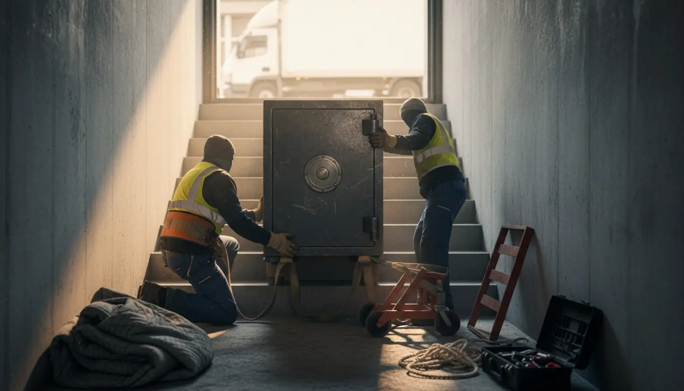 To personer sikrer et tungt pengeskab i en kældertrappe med løfteseler og flytteudstyr mod kantstenen.