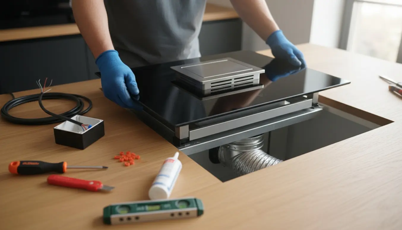 Delvis installeret sort induktionskogeplade med indbygget emhætte i et udsavet køkkenbord med synlig ventilationskanal og ledninger.