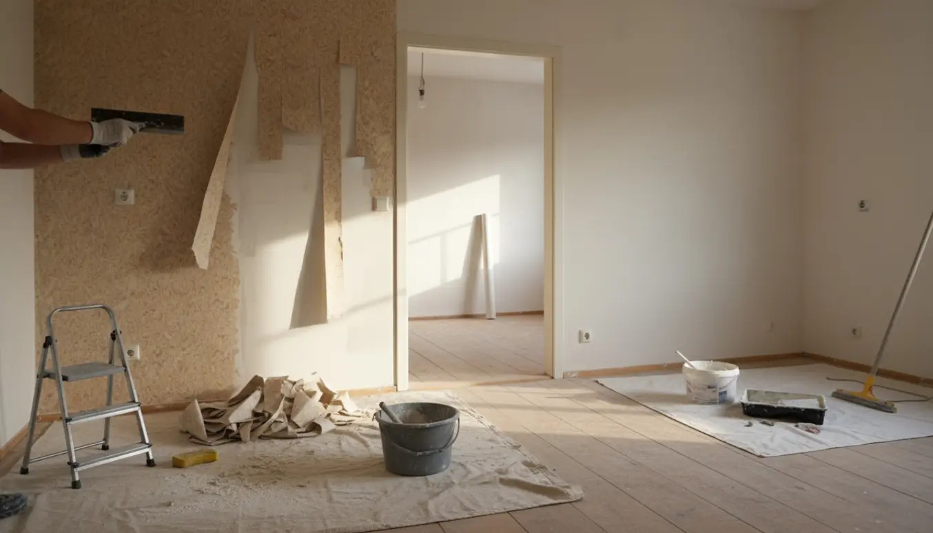 To tomme værelser under renovering med fjernelse af savsmuldstapet i det ene og spartling, filt og malerudstyr i det andet.