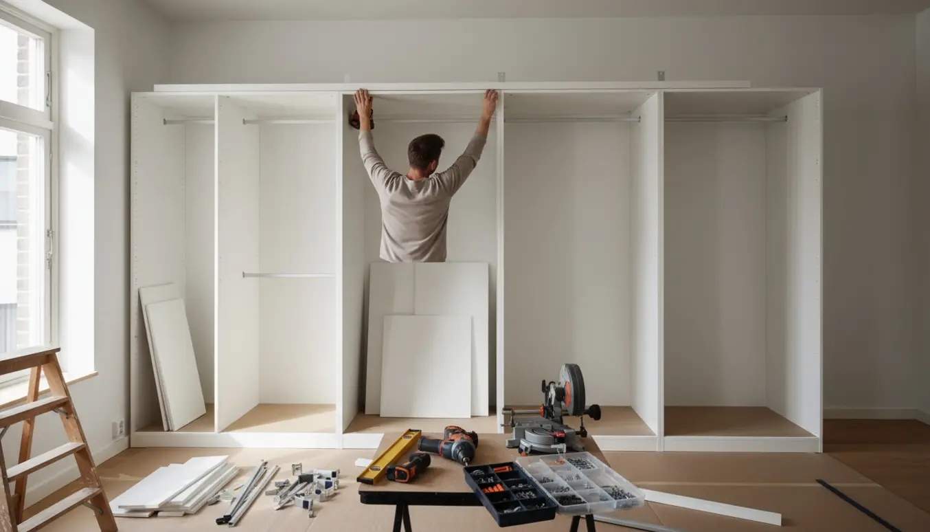 Indbygget PAX-inspireret garderobe under montering fra gulv til loft med værktøj og materialer på 2. sal.