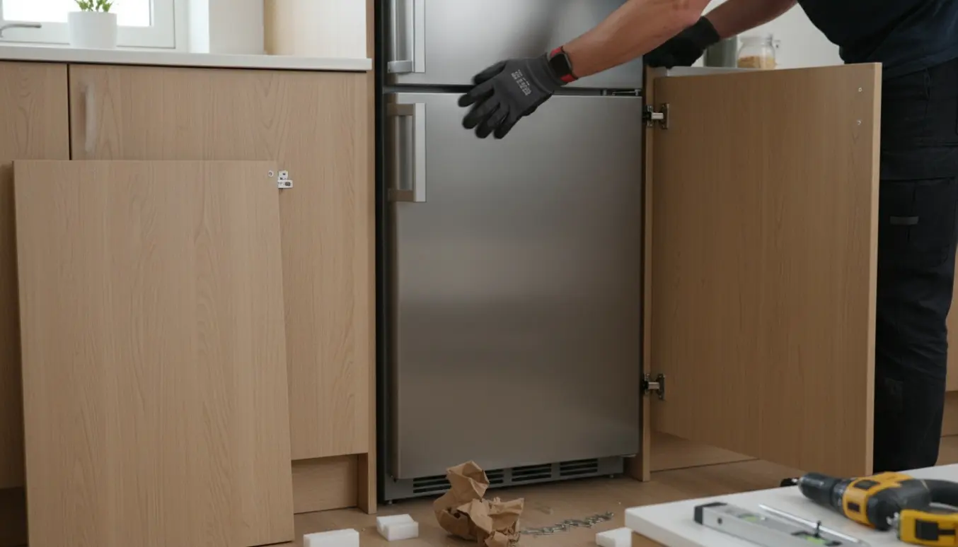 Nærbillede af montering af integrerbart køleskab i et IKEA-stil skab med værktøj og hænder, der justerer lågen.