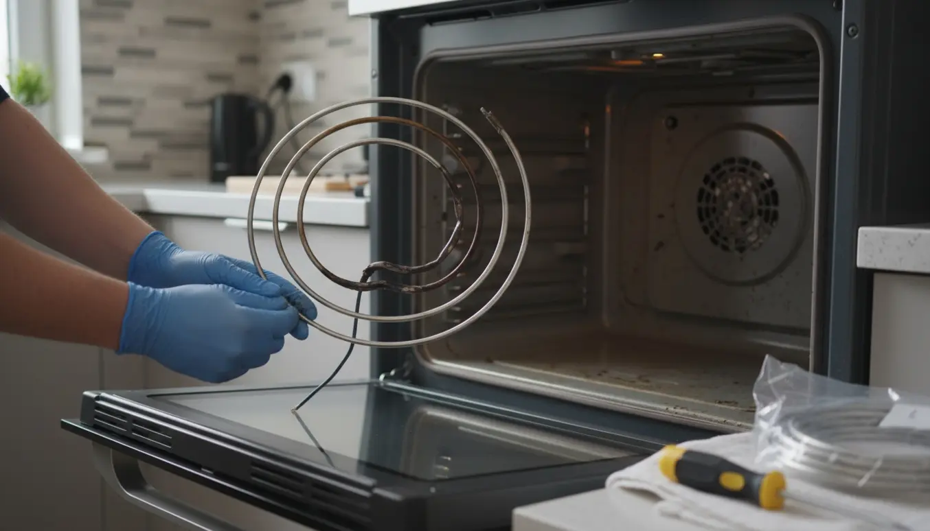 Gloved hænder holder et defekt varmelegeme foran en åben ovn klar til udskiftning.