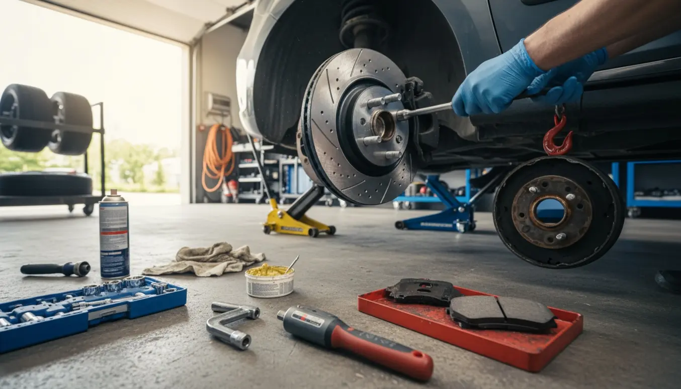 Nærbillede af udskiftning af bremseklodser og -skiver på en Renault Clio i et værksted med handske‑klædte hænder og værktøj.