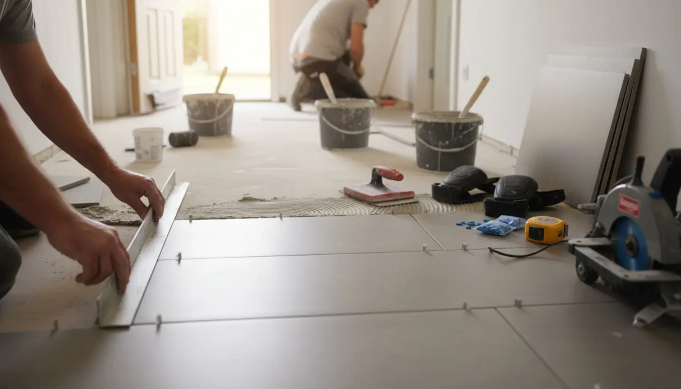 Delvist lagt klinkegulv i en entré med flisekryds, spartelmasse og værktøj klar.