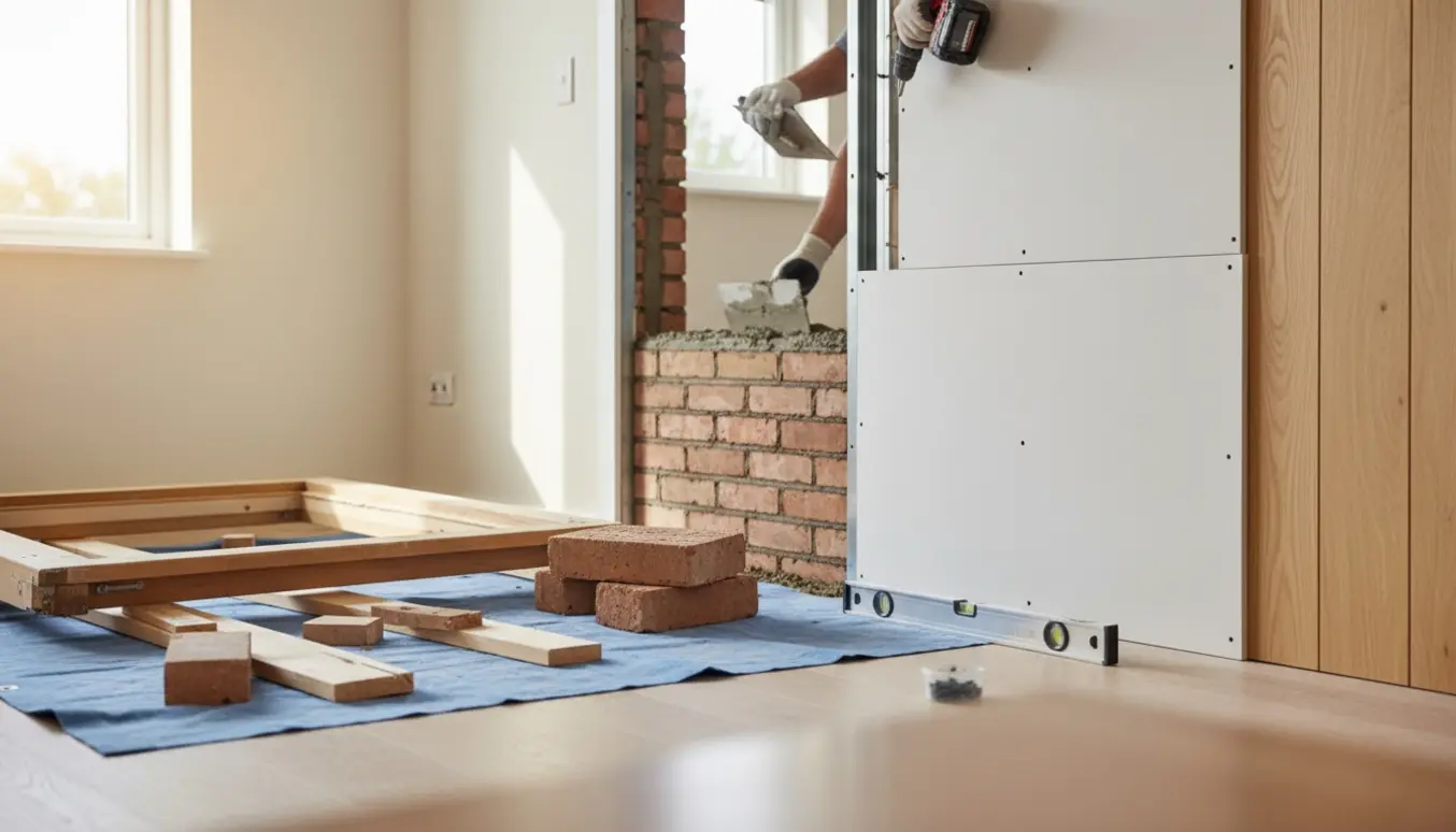 Halvt blændet døråbning med fjernet karm, opmuret hulrum, dobbelte gipsplader og nyt panel klar til montering.