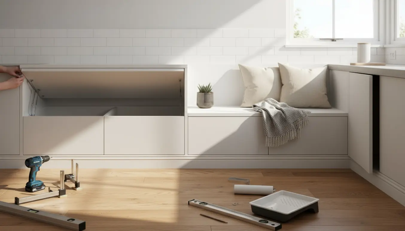Hvid indbygget bænk med opbevaring langs en tre meter lang køkkenvæg, med puder og værktøj ved siden af.