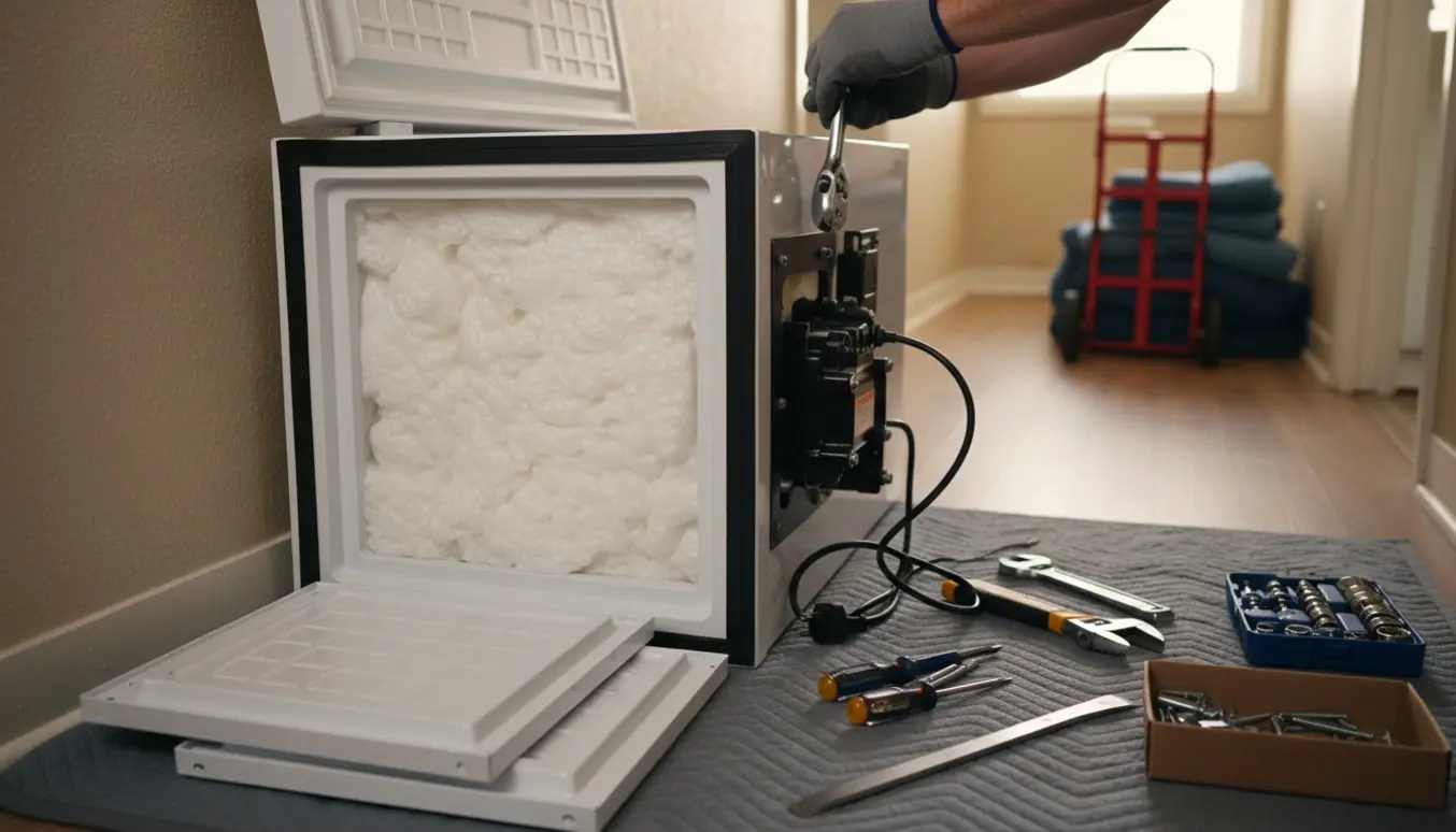 Kummefryser delvist adskilt i en smal gang, med låg støttet mod væggen og værktøj og dele klar til fjernelse.