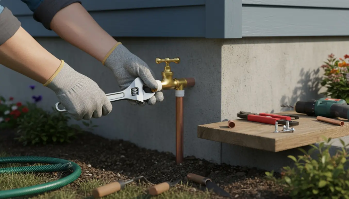 Hænder i handsker monterer en messing udendørs vandhane på husets facade med værktøj og rør.