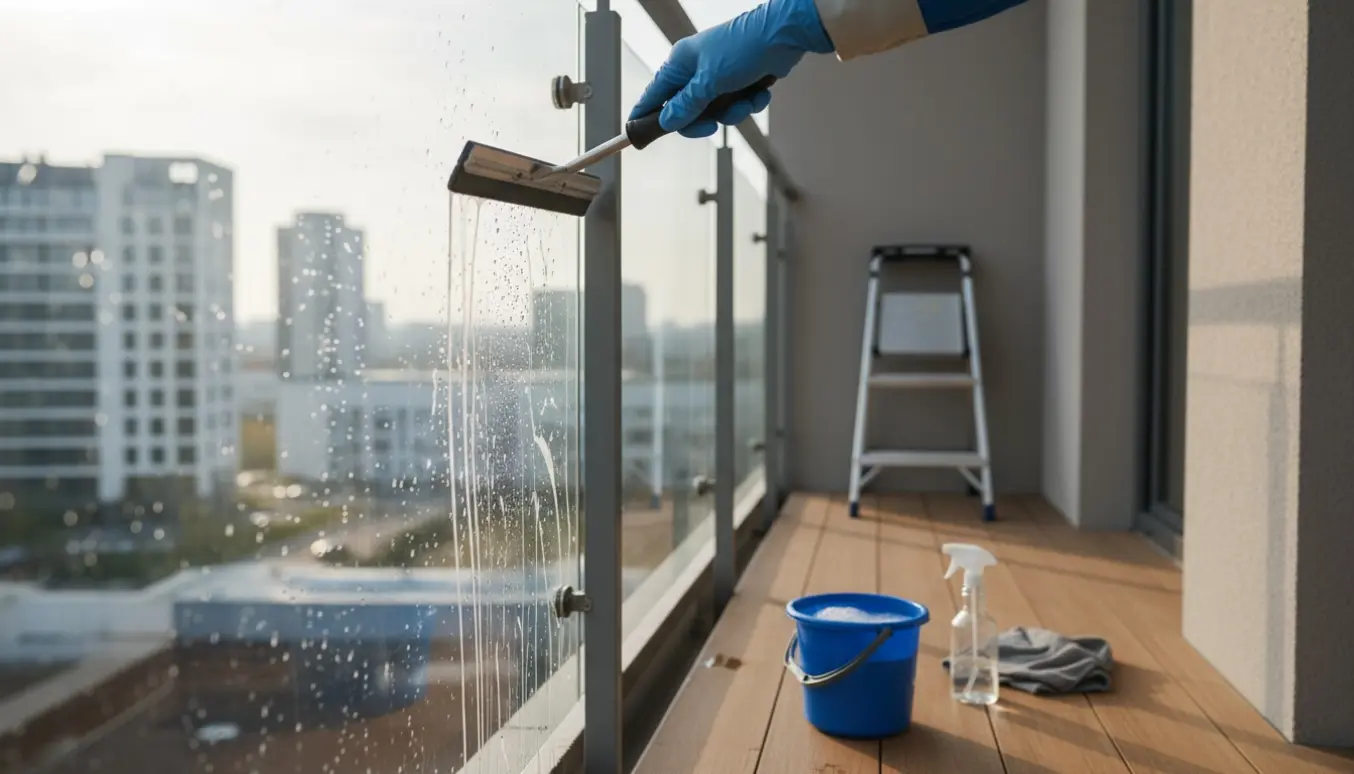 Hænder med skraber rengør en glasaltan i en lille lejlighed, med spand og klud ved siden af.