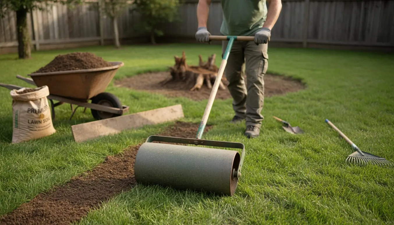 Set bagfra tromler en havearbejder en knoldet græsplæne efter fjernet stub, med topdressing og redskaber klar.