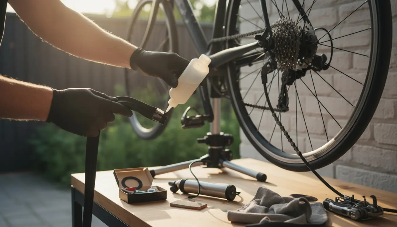 Nærbillede af hænder, der lapper et bagdæk og smører cykelkæden i blødt naturligt lys.
