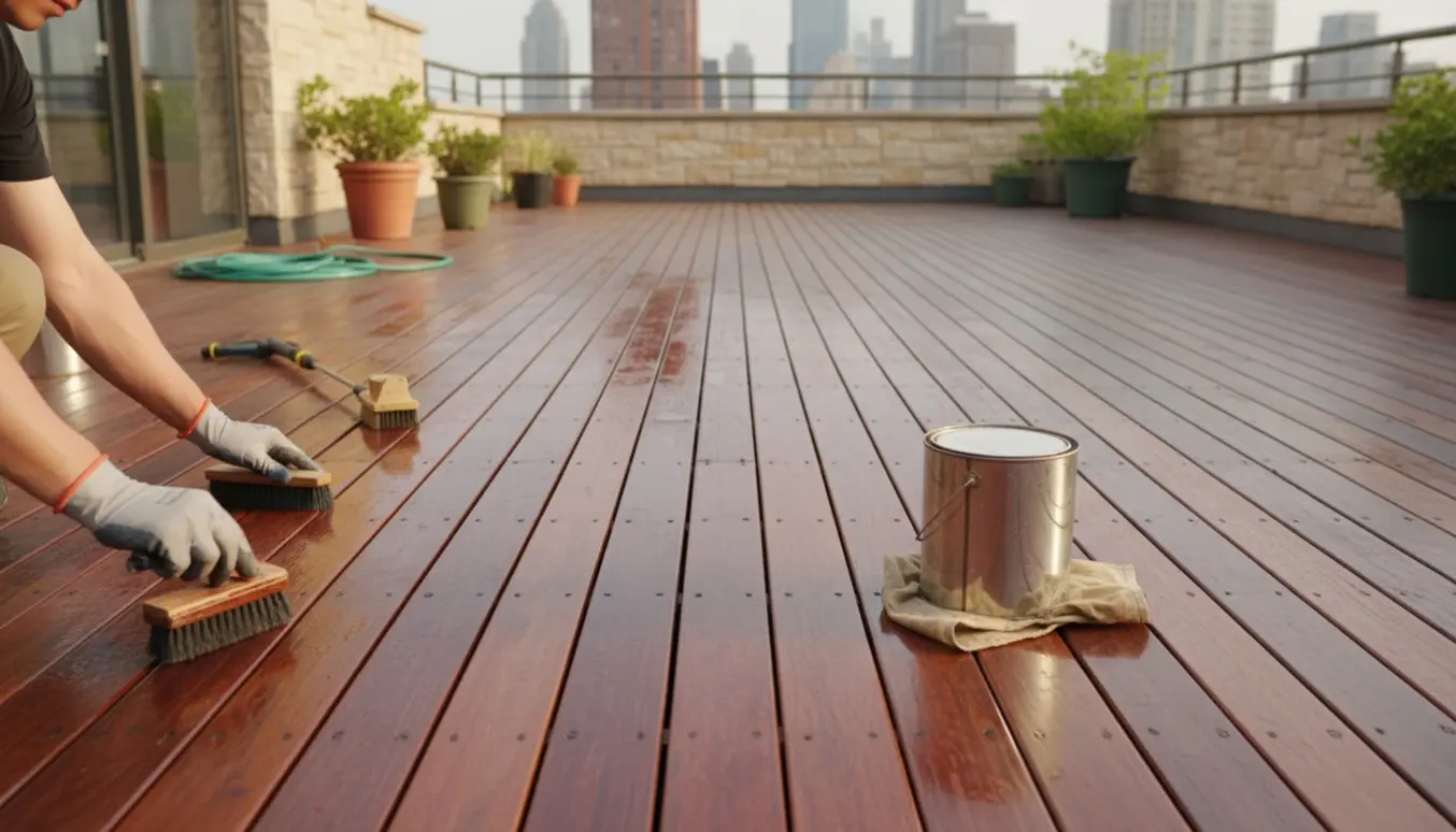 Hænder olierer rødbrune jatoba-brædder på en tagterrasse med rengøringsudstyr og rensede områder i baggrunden.