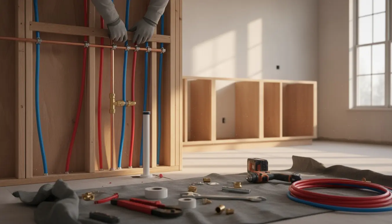 Vandrør flyttes fra midten af et køkken til væggen under renovering med værktøj og materialer i forgrunden.