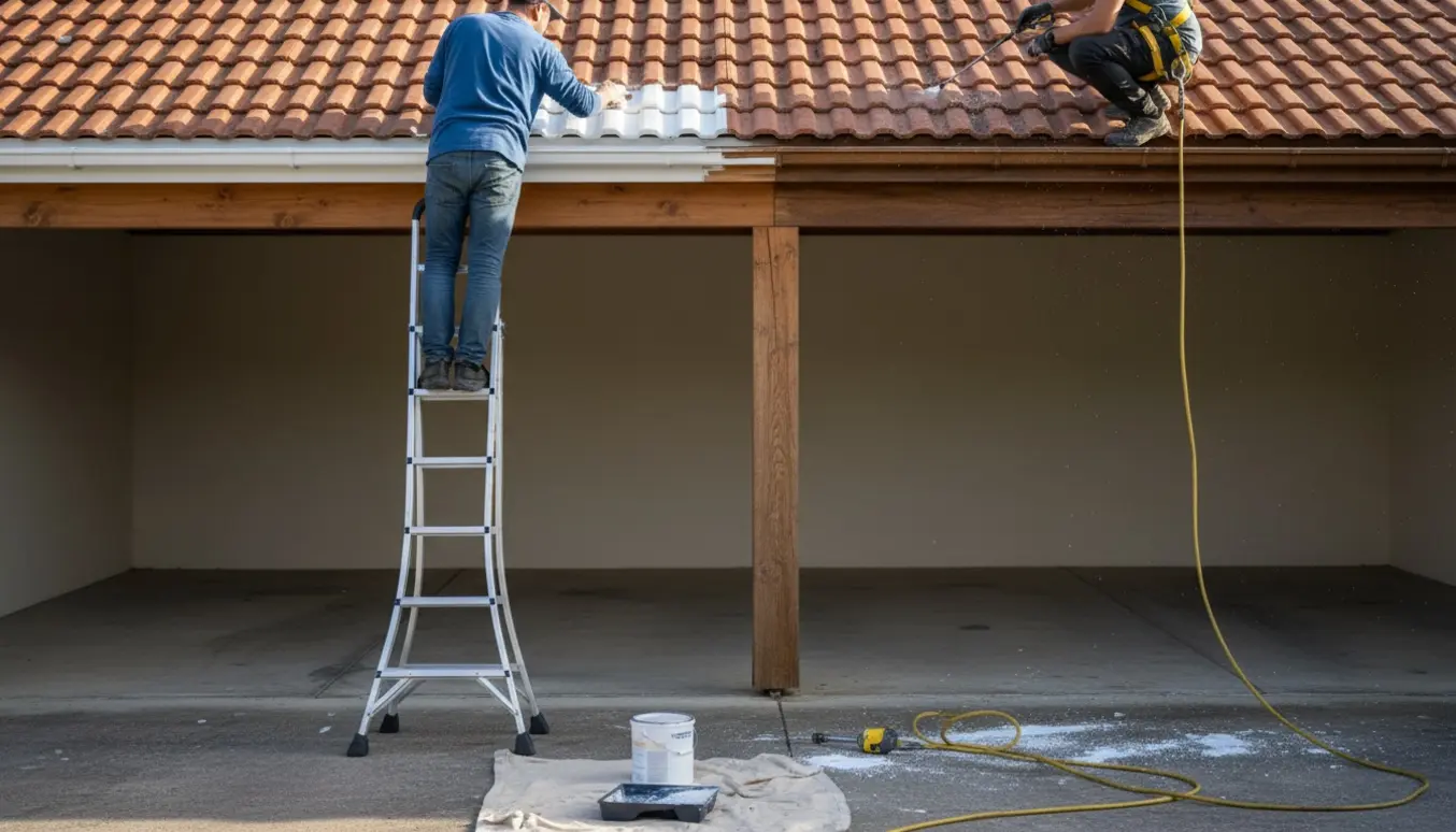 Lang stige ved et tegltag mens en person maler sternbrædder over en carport med malerbøtte og trykrenset udhæng i billedet.
