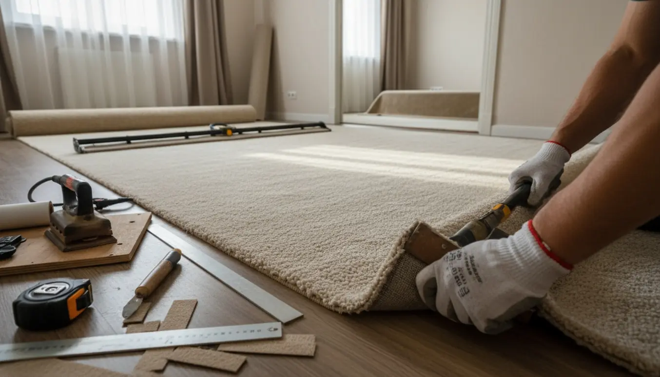 Tæppeopsætning i to små værelser med hænder, der spænder og skærer væg-til-væg tæppe.