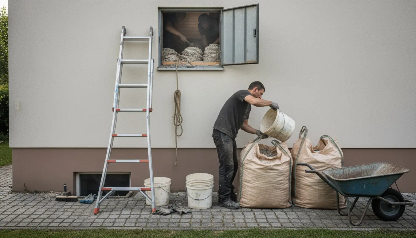 Arbejdere fjerner gammel isolering gennem en udvendig loftlem med spande og store affaldssække på fortovet.