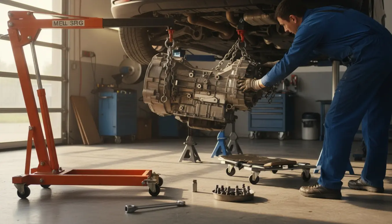 Et DSG-gearkasse løftes og rettes ind under en løftet bil i et lyst autoværksted, mens mekanikerens hænder guider den på plads.