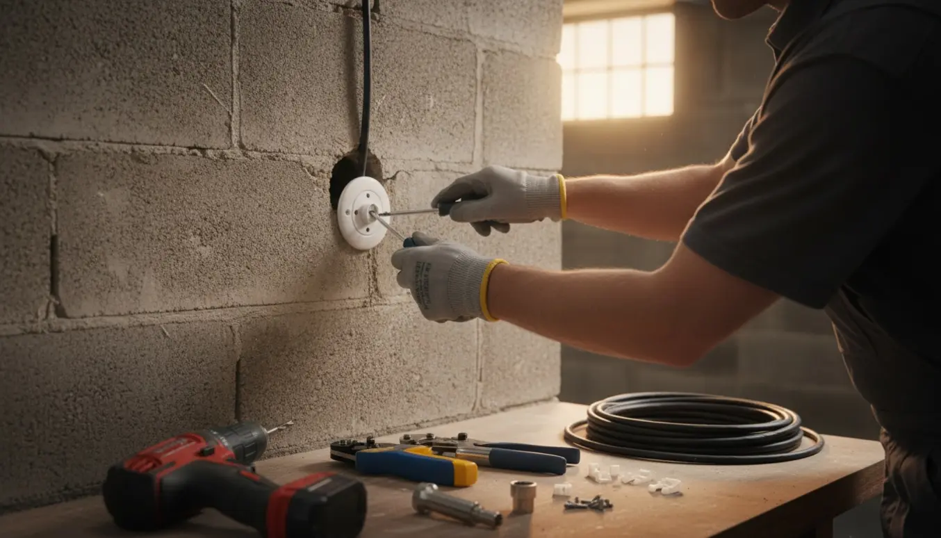 Hænder installerer et ekstra antennestik i kælderen på en rå betonvæg med værktøj på et arbejdsbord.