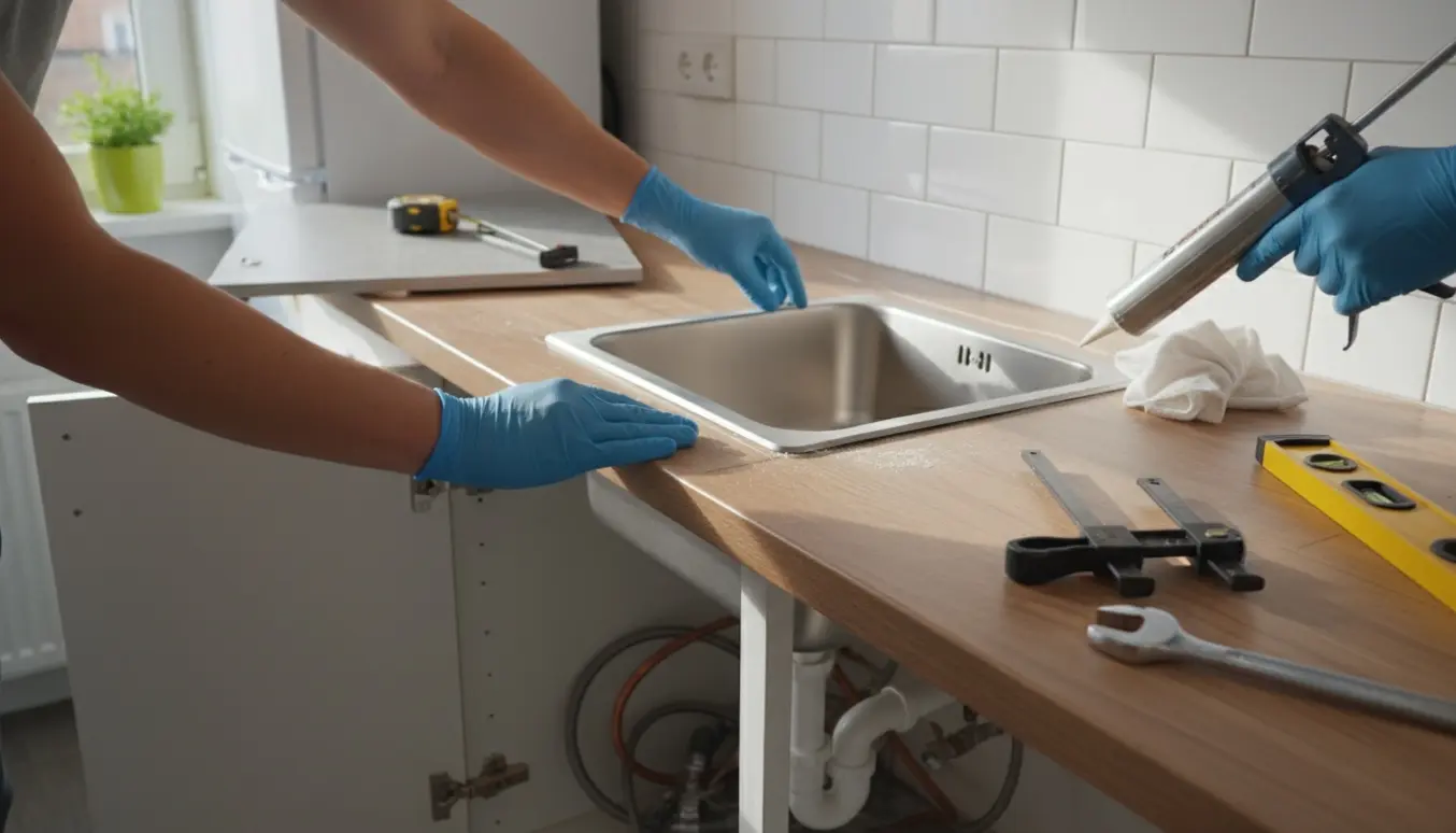 Nærbillede af montering af firkantet vask i ny bordplade i et lille køkken med værktøj og naturligt lys.