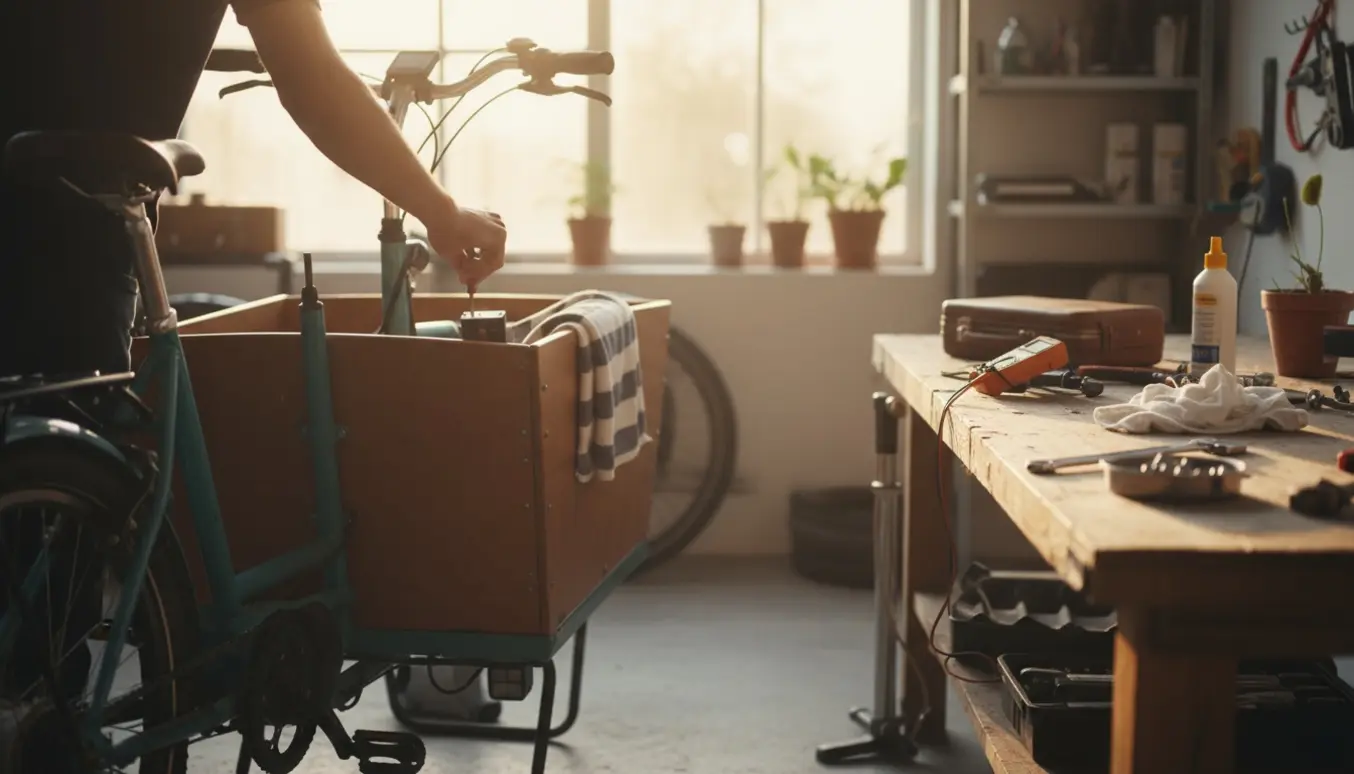 El-ladcykel på værksted, tekniker tjekker batteri og bremser.