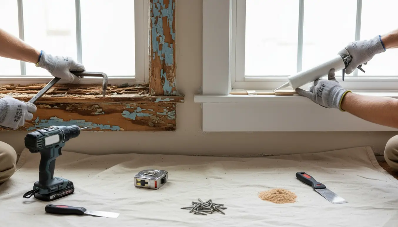 Udskiftning af to vinduer og vindueskarme indendørs med synlig fugt- og rådskade og værktøj på en beskyttelsesdug.