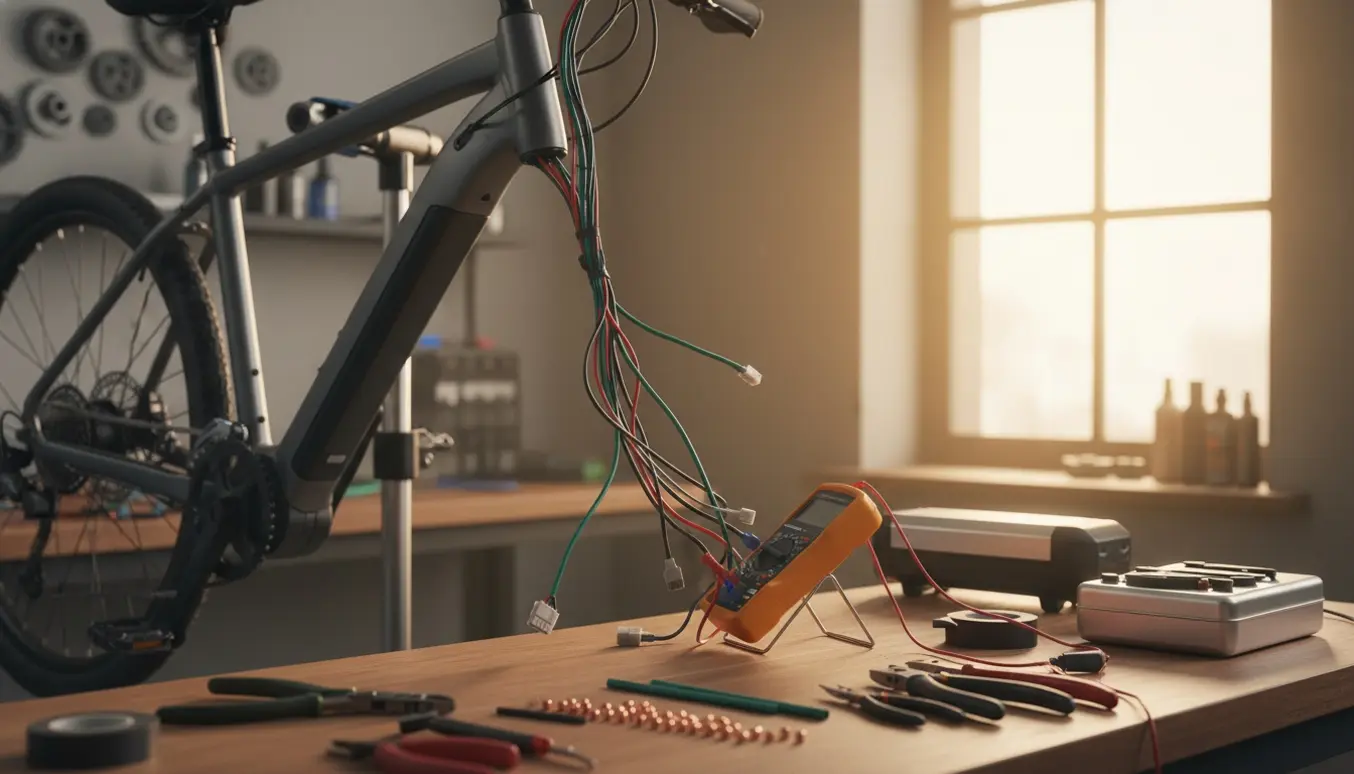 Elcykel på værksted med eksponeret ledningssæt og hænder, der arbejder på forbindelserne.