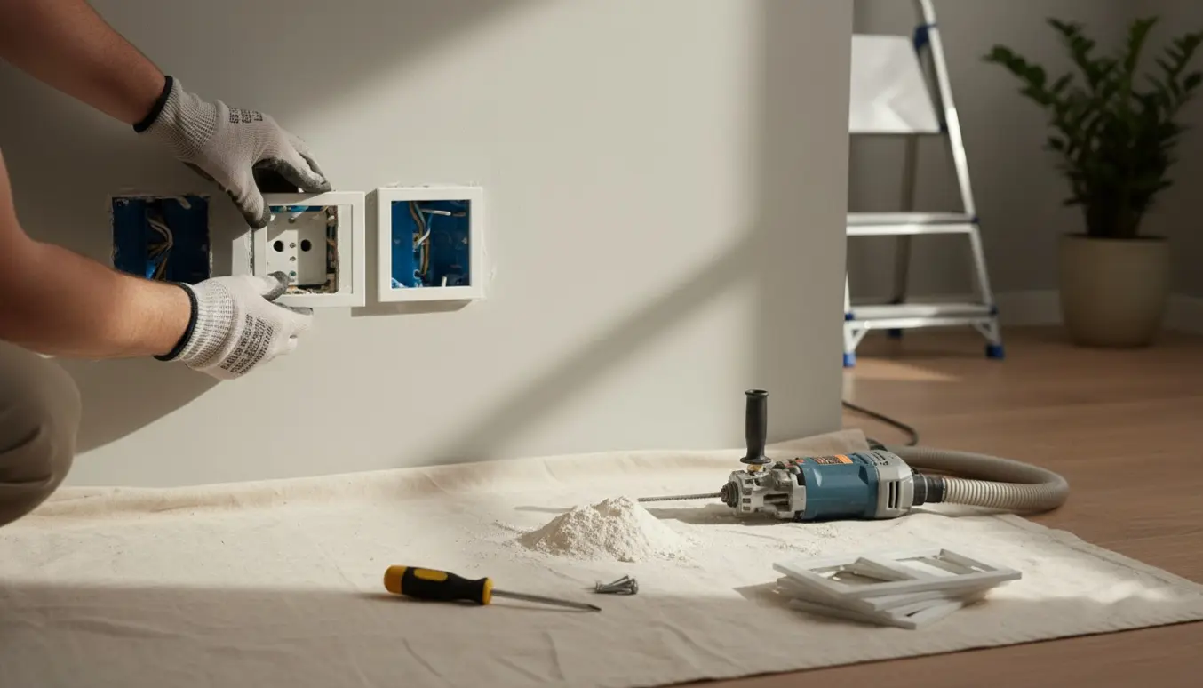 Hænder i handsker monterer en ny stikkontakt i en væg med værktøj og gipsstøv.