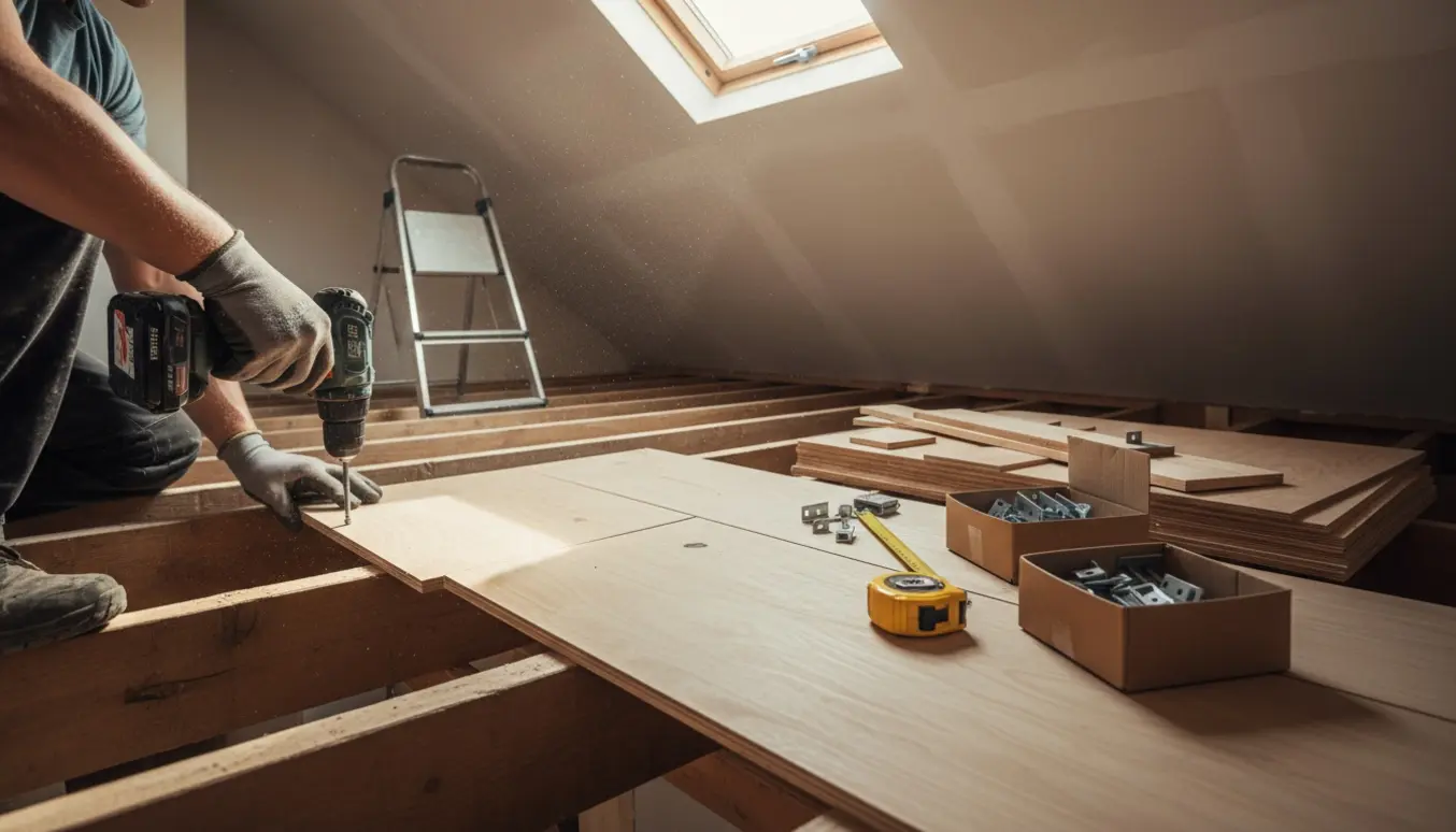 Ufærdig hems med gulvplanker, værktøj og begrænset loftshøjde, håndværker i arbejde.
