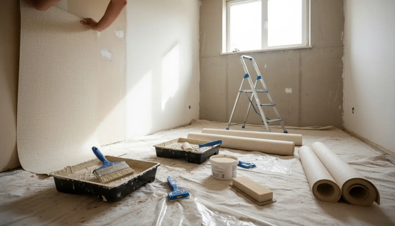 Et lille kælderværelse under renovering med nyt større vindue, håndværkeres hænder der tapetserer og maler.