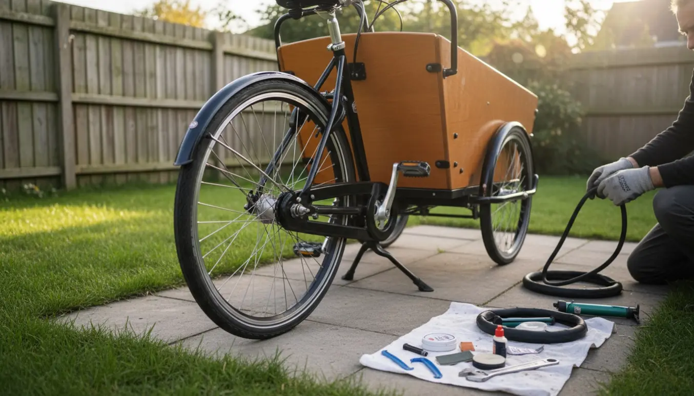 En ladcykel i baghaven med afmonteret baghjul, reservedæk, slange og værktøj klar til reparation.