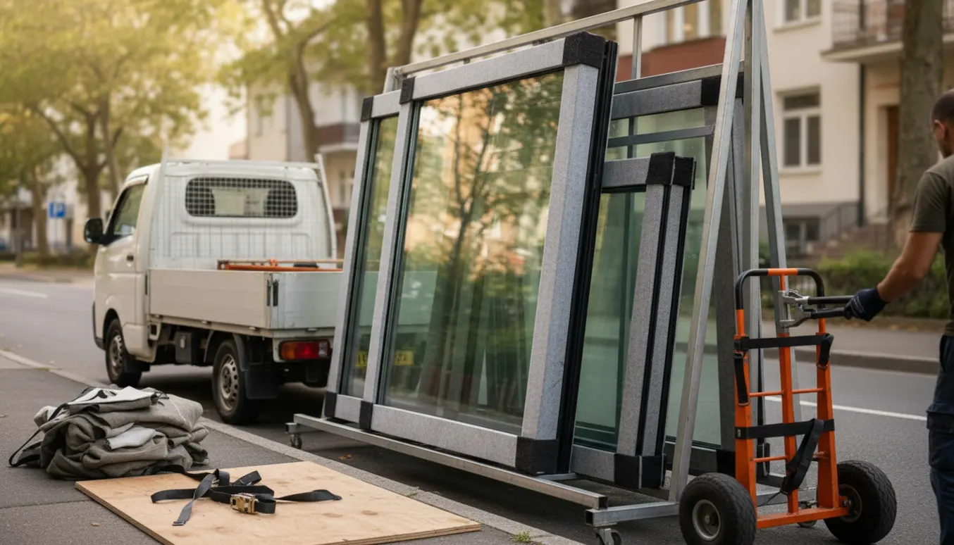Store glasvinduer læsses på en varebil ved fortovet med sugekop, stropper og beskyttelse.