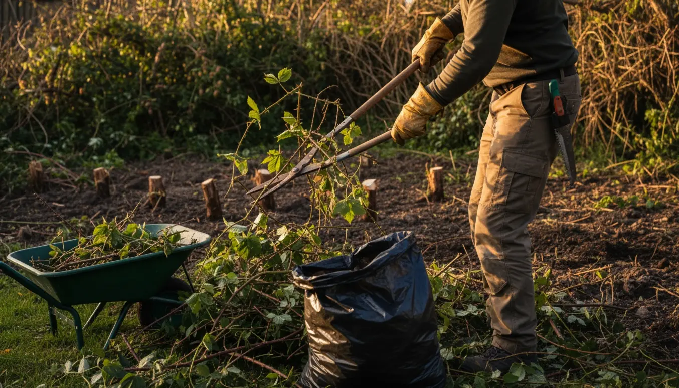 Hænder i handsker fjerner vilde brombær og humle fra tætte buske med beskæresakse og en fyldt haveaffaldssæk.