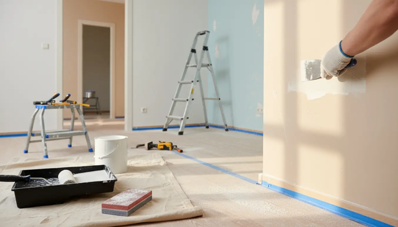 Nærbillede af spartling og maling af indvendige vægge med spartel, malerrulle, malerbøtte og afdækning i et lyst rum.