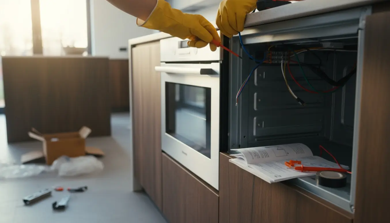 Ny indbygningsovn klargøres til elektrisk tilslutning i et moderne køkken.