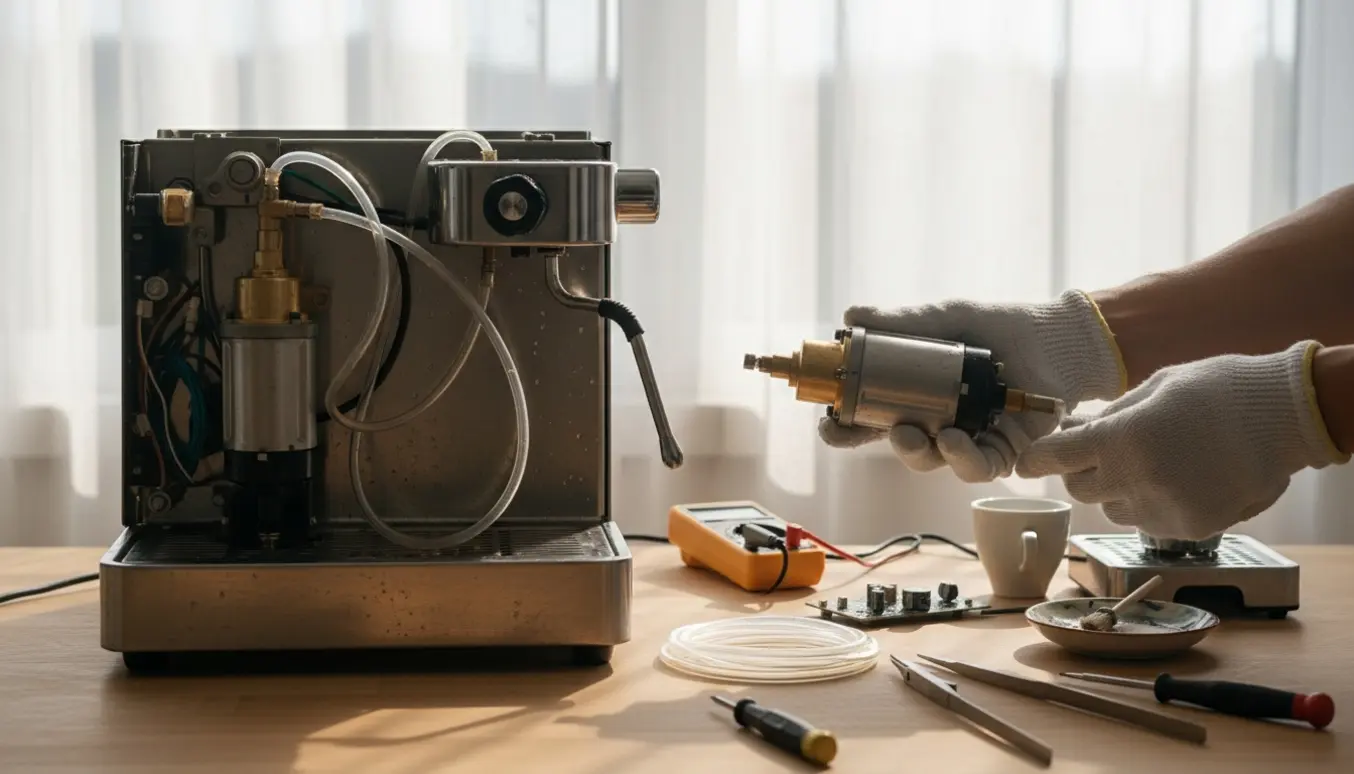 Åben espressomaskine på køkkenbord med synlig pumpe, reservedele og værktøj klar til reparation.