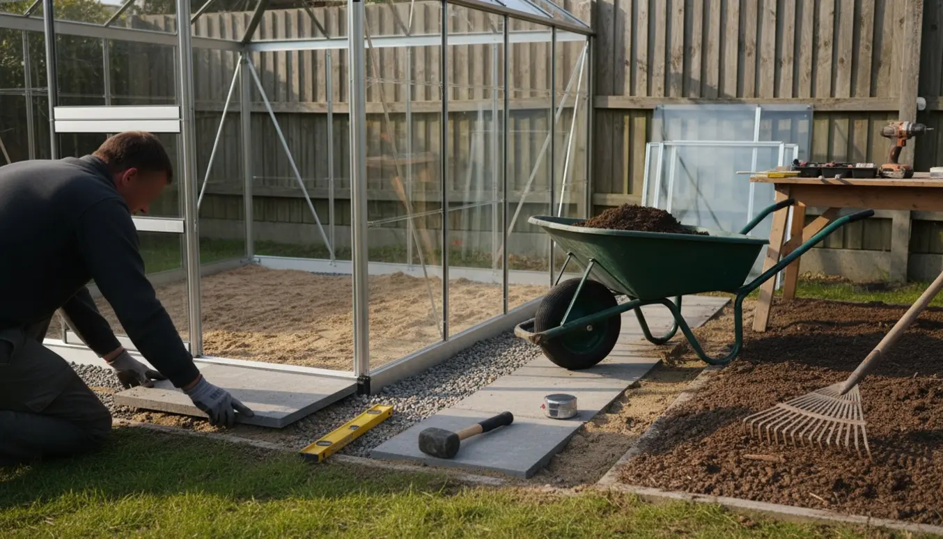 Delvist opsat drivhus i en baghave med jordforberedelse og fliser lagt af en person set bagfra.