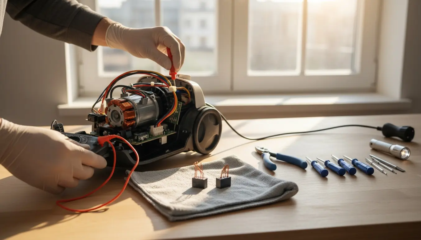 Hænder reparerer en åben støvsuger på et arbejdsbord med værktøj og reservedele i naturligt lys.